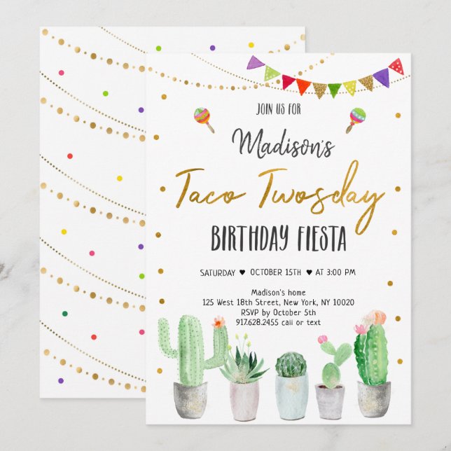 Taco Twosday Guld Fiesta Birthday Inbjudningar (Fram/baksida)
