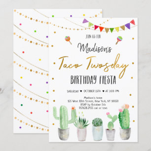 Taco Twosday Guld Fiesta Birthday Inbjudningar