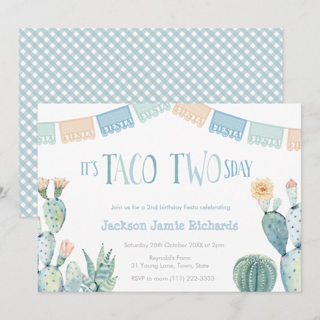 Taco Twosday Party - Boy 2 Birthday Fiesta Inbjudningar (Fram/baksida)
