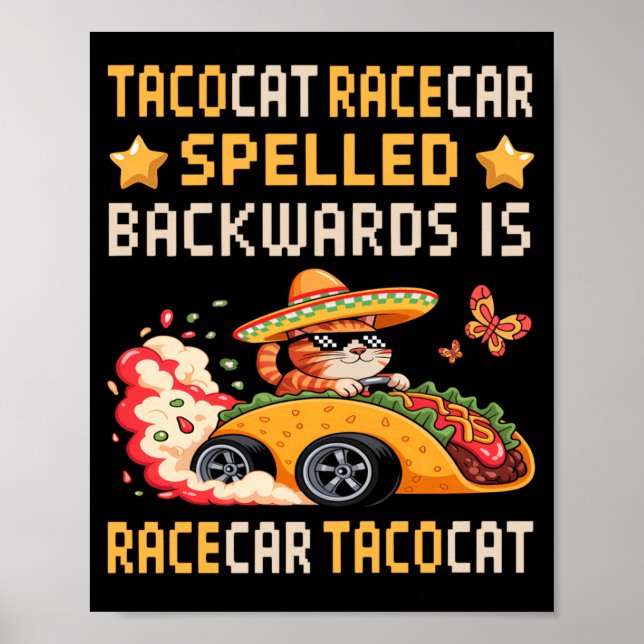 Tacocat Racecar Stavade Baklänges Katt Barn Kattun Poster (Framsidan)