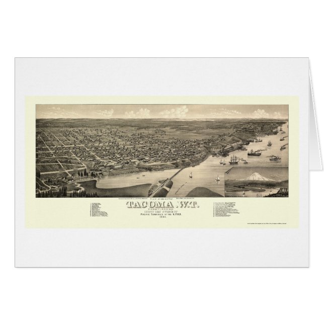 Tacoma panorama- karta för WA - 1884 Hälsningskort (Framsidan Horizontal)