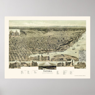 Tacoma panorama- karta för WA - 1890 Poster