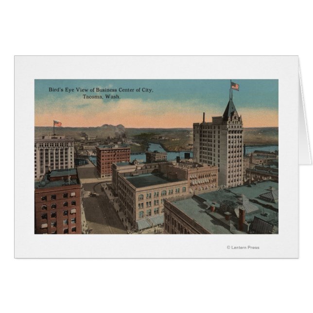 Tacoma, WA - Birds Öga View of Downtown Hälsningskort (Framsidan Horizontal)