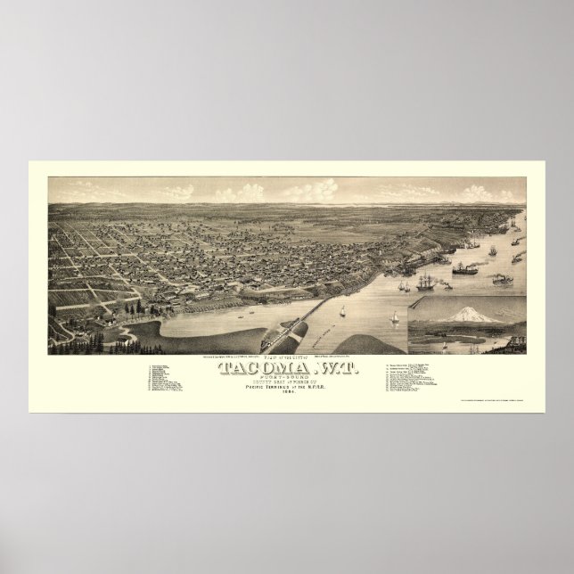 Tacoma, WA Panoramic Karta - 1884 Poster (Framsidan)