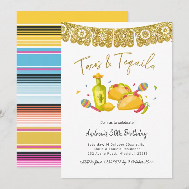 Tacos and Tequila Fiesta Birthday Invitation Inbjudningar (Fram/baksida)