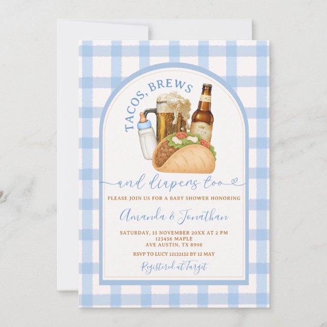 Tacos Brews och Diaper Baby Shower Blue Gingham Inbjudningar (Framsida)