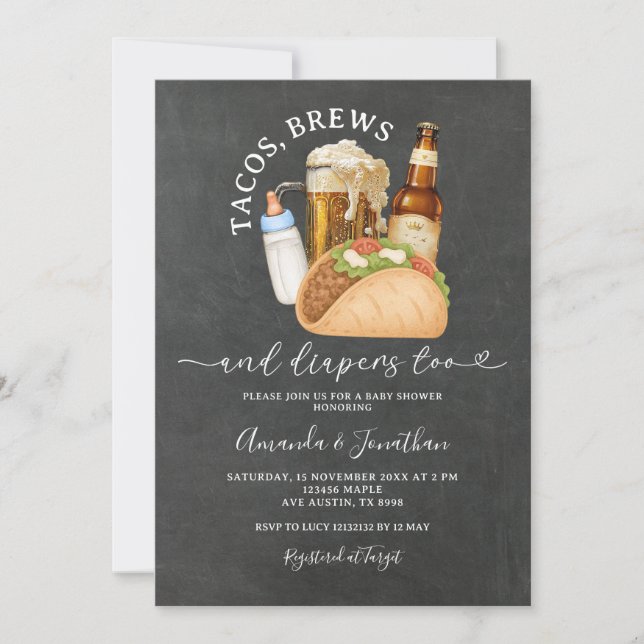 Tacos Brews och Diaper Baby Shower Chalkboard Inbjudningar (Framsida)