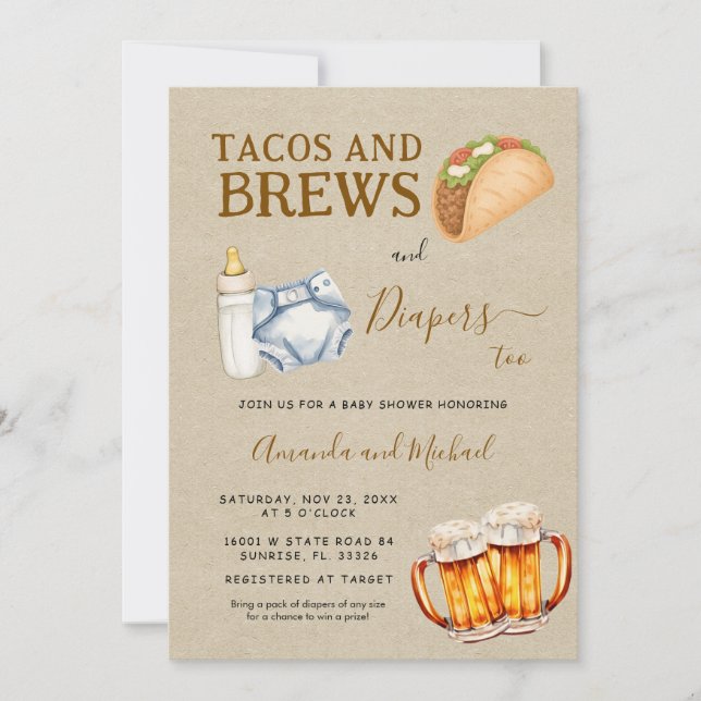 Tacos Brews och Diaper Baby Shower Kraft Inbjudningar (Framsida)