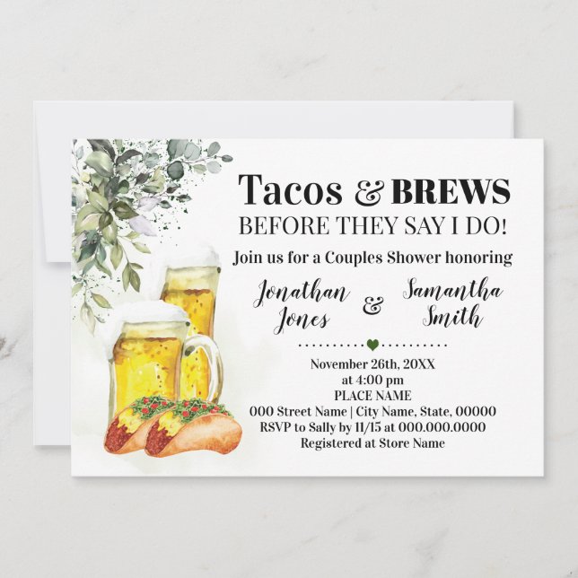 Tacos & Brews Shower Eucalyptus Greenery Inbjudningar (Framsida)