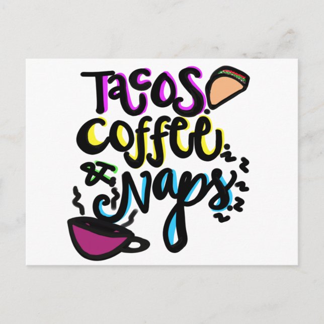 Tacos. Kaffe. Naps. Vykort (Framsida)
