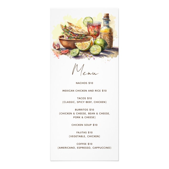 Tacos matfiesta party. Menyn för mexikanska matkak Reklamkort (Framsidan)