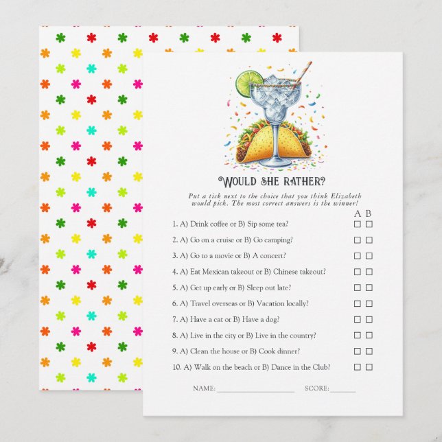 Tacos och Tekila-fest "Skulle hon hellre?"-Lek Inbjudningar (Fram/baksida)