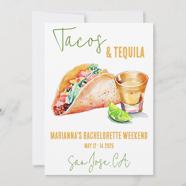 Tacos och Tequila Bachelorette Helg Party Inbjudningar (Framsida)