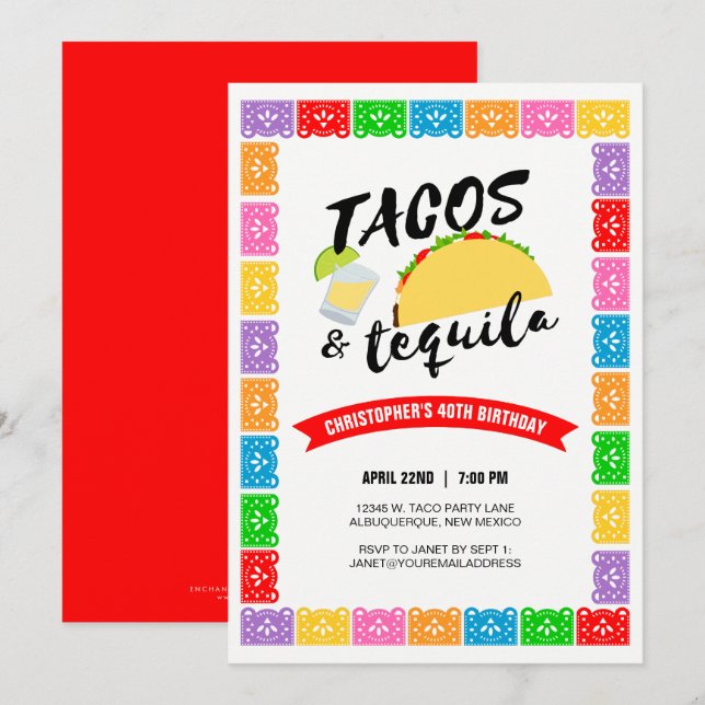 Tacos och Tequila Födelsedagsfest inbjudan (Fram/baksida)