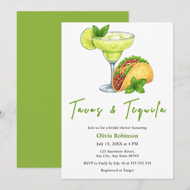 Tacos och Tequila Margarita Bröllopsdusch Inbjudningar (Fram/baksida)
