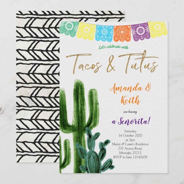 Tacos och Tutus Cactus Baby Shower-inbjudan Inbjudningar (Fram/baksida)