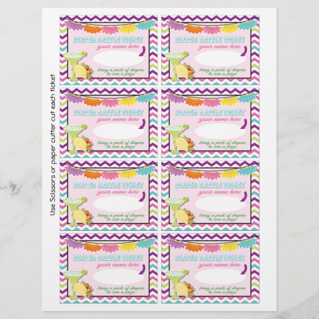 Tacos och tutus diaper raffle biljett babydusch reklamblad (Framsidan)