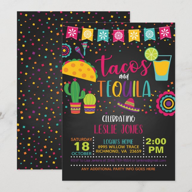 Tacos & Tequila Birthday bjudande - Blk Inbjudningar (Fram/baksida)