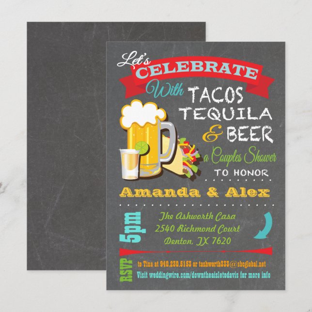 Tacos, Tequila och Beer Fiesta Par Shower Inbjudningar (Fram/baksida)