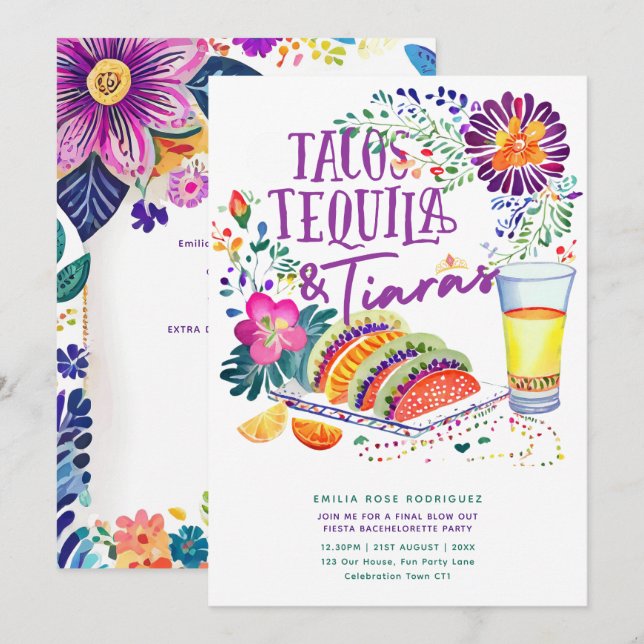 Tacos Tequila Tiaras Last Fiesta Bachelorette Inbjudningar (Fram/baksida)