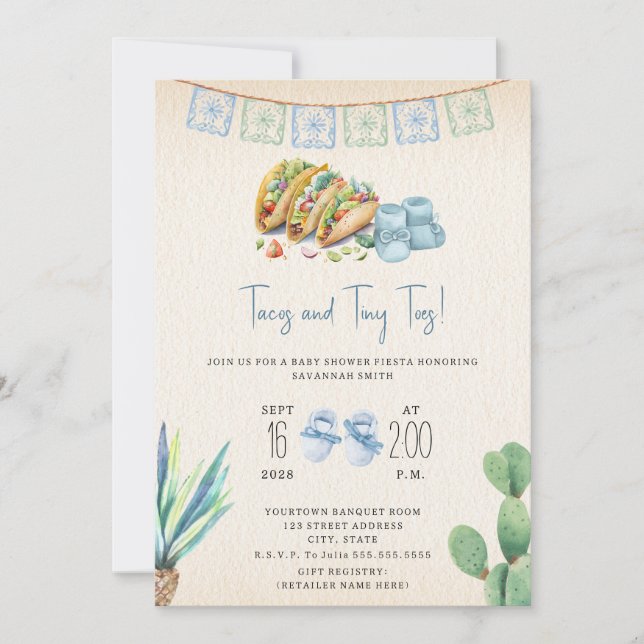 Tacos & Tiny Toes Boy Baby Shower Fiesta Inbjudningar (Framsida)