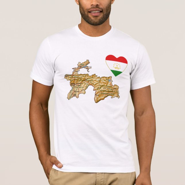 Tadzjikistan Flagga Heart och Karta T-Shirt (Framsida)