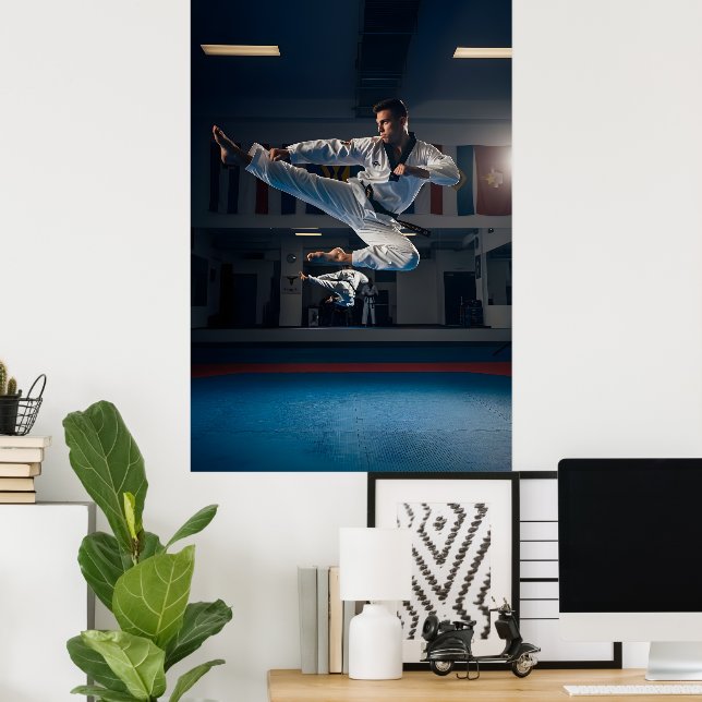 Taekwondo-Atlet som Utför Flygande Sidokick Poster (Hemmakontoret)