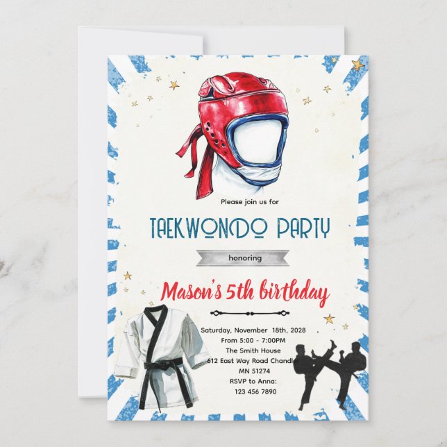 Taekwondo birthday party invitation inbjudningar (Framsida)