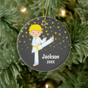 Taekwondo Gult Bälte Blonde Boy Personlig Julgransprydnad Keramik