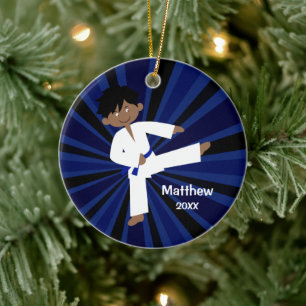 Taekwondo Karate Blue Bälte Boy Personlig Julgransprydnad Keramik