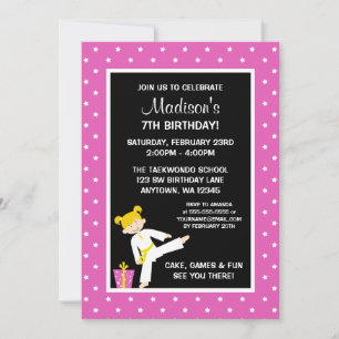Taekwondo Karate Rosa Stars Blonde Girl Birthday Inbjudningar