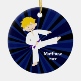 Taekwondo Lila Bälte Blonde Boy Personlig Julgransprydnad Keramik