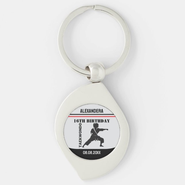 Taekwondo Player, Birthday Gift, Team Karate Swirl Silverfärgad Nyckelring (Framsidan)