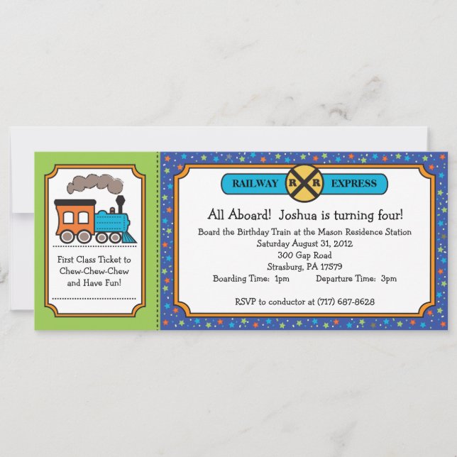 Tåg Biljett Inbjudan - Dino Thomas Färger (Framsida)