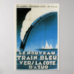 Tåg Bleu Cote d'Azur Fransk Art Deco Travel Poster<br><div class="desc">Reproduktion av vintage resor poster för "Le Nourveau Tåg Bleu Vers La Cote D'Azur". Circa 1928,  underbar Art Deco stil i blues,  svartvitt.</div>