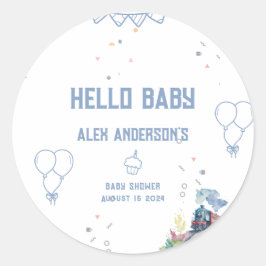 Tåg Blue Balloons Boy Whimsical Baby Shower Runt Klistermärke