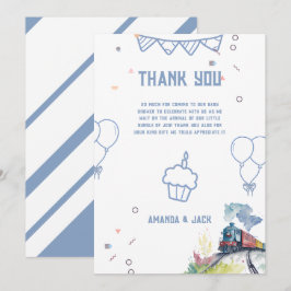 Tåg Blue Balloons Boy Whimsical Baby Shower Tack Kort