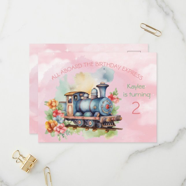 Tåg Engine Girl 2:a födelsedagsinbjudan vykort (Fram/Back In Situ)