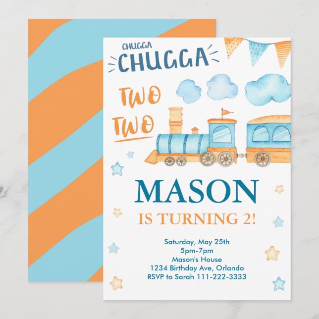 Tåg födelsedag Inbjudan Chugga Chugga två (Fram/baksida)