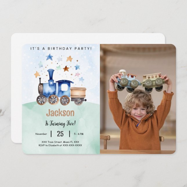 Tåg Födelsedagsfest Foto Inbjudningar (Fram/baksida)