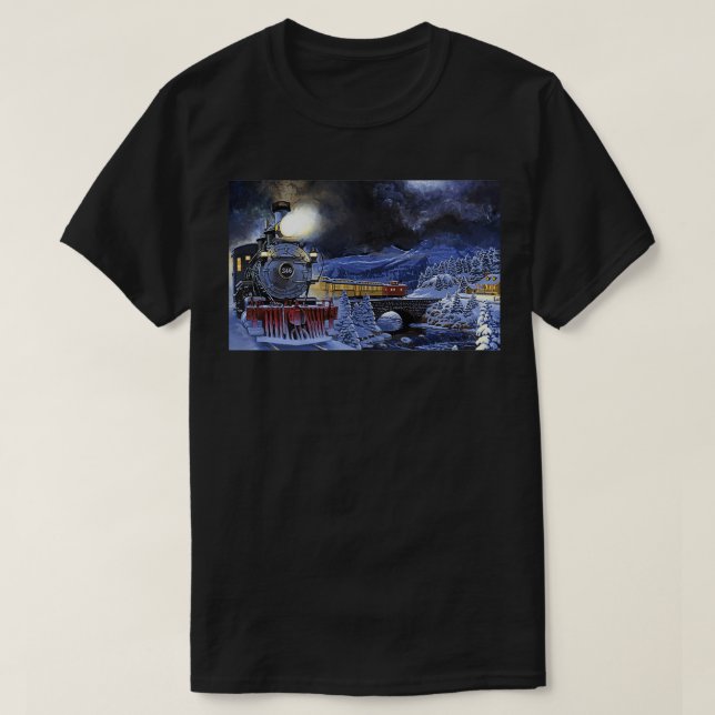 Tåg genom Winter Mountain Town T Shirt (Design framsida)