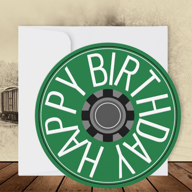 Tåg-Grönt Steampunk  Grattis på födelsedagen-kort (A greetings card in Steampunk style, in green with 'Happy Birthday' greeting)
