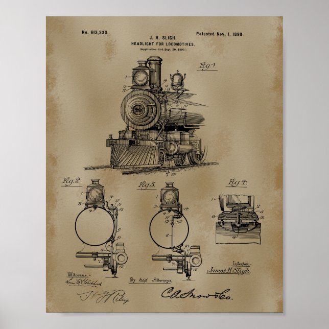 Tåg Headlight Patent Teckning Poster (Framsidan)