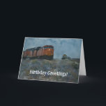 Tåg Locomotive Funny Pun Birthday Card Kort<br><div class="desc">Min ursprungliga digitala grafik med mitt originalfoto av ett gammalt lokomotiv tåg, på en tåg-gård från en väg resa genom Arizona, finns på detta söt konsfödelsedagskort. Bilden bearbetades med en vattenfärgsfantasi för ett illustrerat och vismiskt utseende. På kortets framsida stater "Birthday Greetings!" och insidan av kortet stater "Grattis på födelsedagen...</div>