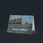 Tåg Locomotive Funny Pun Birthday Card Kort<br><div class="desc">Min ursprungliga digitala grafik med mitt originalfoto av ett gammalt lokomotiv tåg, på en tåg-gård från en väg resa genom Arizona, finns på detta söt konsfödelsedagskort. Bilden bearbetades med en vattenfärgsfantasi för ett illustrerat och vismiskt utseende. På kortets framsida stater "Birthday Greetings!" och insidan av kortet stater "Grattis på födelsedagen...</div>