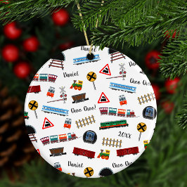 Tåg Mönster Little Boy First Namn jul Julgransprydnad Keramik