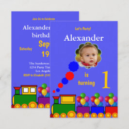 Tåg och ballonger 1:a födelsedag fotoinbjudan inbjudningar