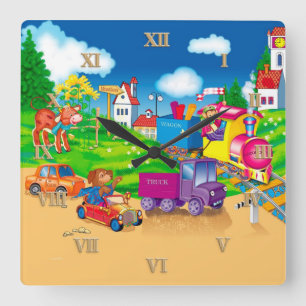 tåg och bil fyrkantig klocka