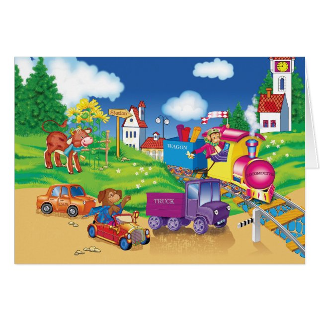 tåg och bil hälsningskort (Framsidan Horizontal)
