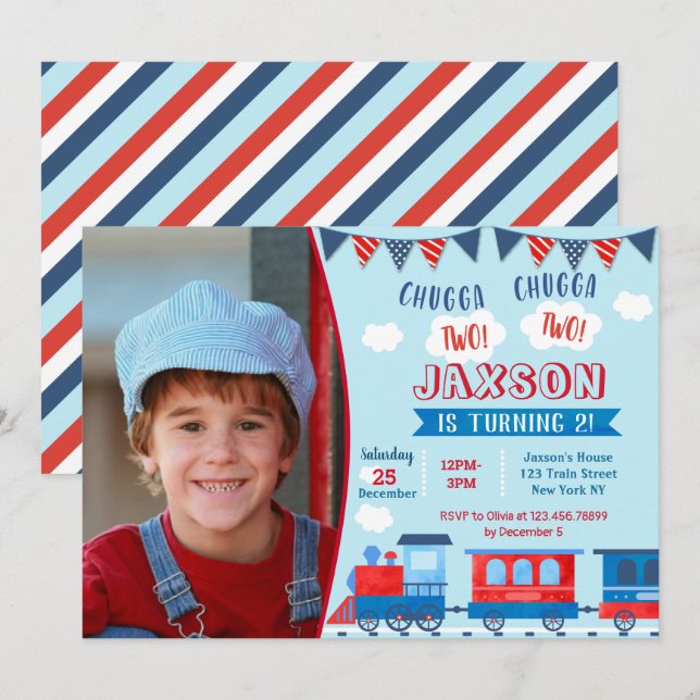 Tåg Photo Födelsedagsfest inbjudan (Fram/baksida)